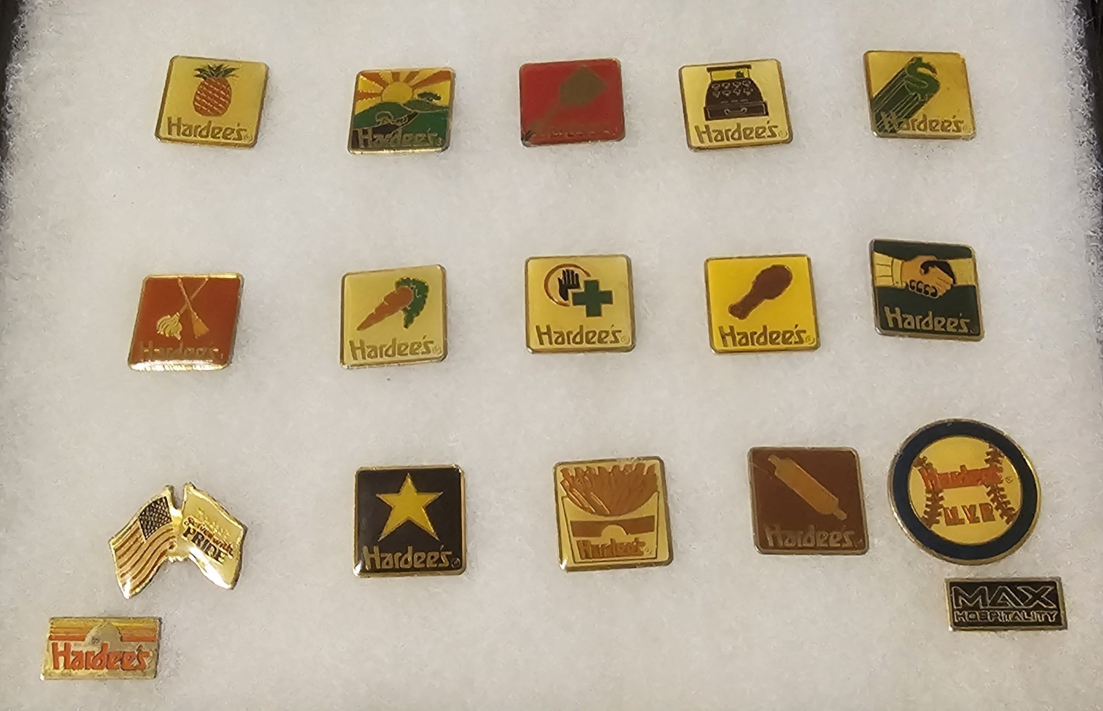 Vintage Hardee’s Restaurant Employee Hat Lapel Pins Lot Of 17 Glass Storage Case Vintage Hardee’s Restaurant Employee Hat Lapel Pins Lot Of 17 Glass Storage Case