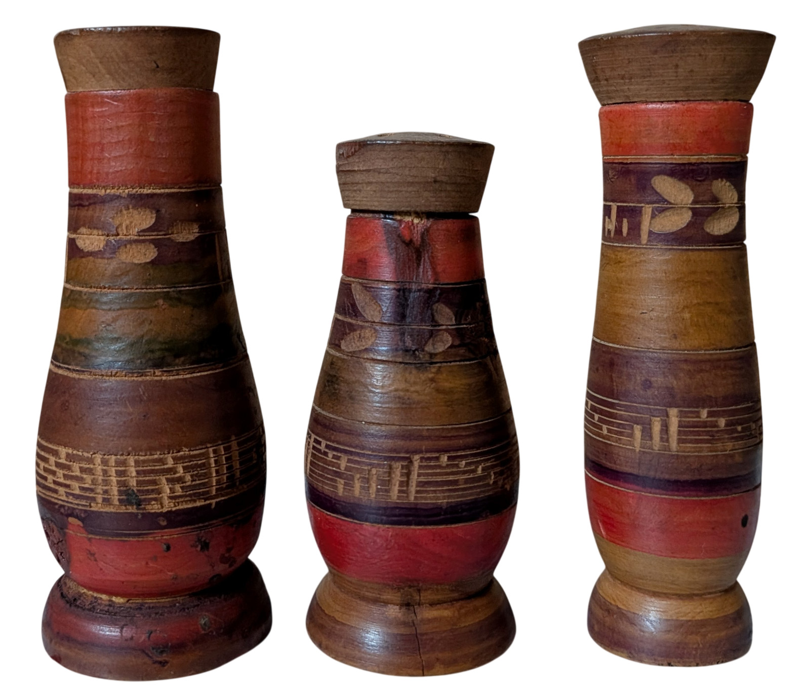 Old Hand Turned Wood Salt Pepper Shakers Set of 3 Painted Primitive Folk Art