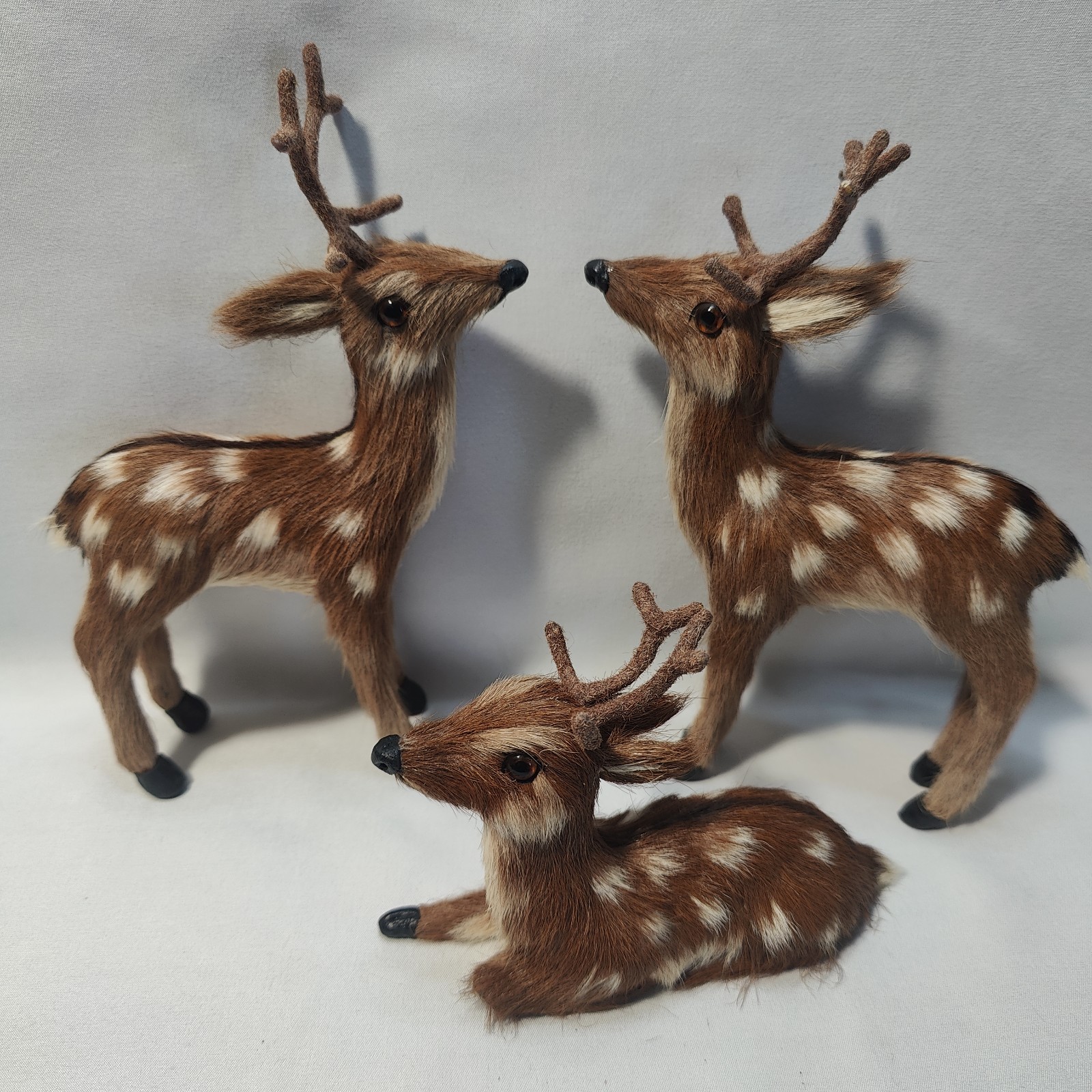 Set Of 3 Vintage Spotted White Tail Deer Figurines, Real Fur & Glass Eyes, ~9”