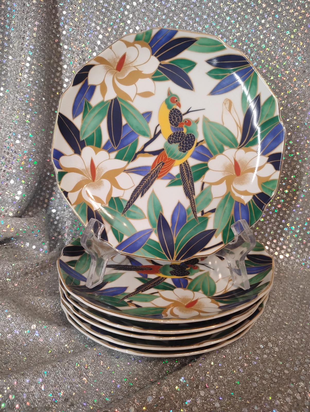 Set of 6 -Takahashi Tropicale Parrot Floral Porcelain Hand Decorated 7.5\ Set of 6 -Takahashi Tropicale Parrot Floral Porcelain Hand Decorated 7.5\