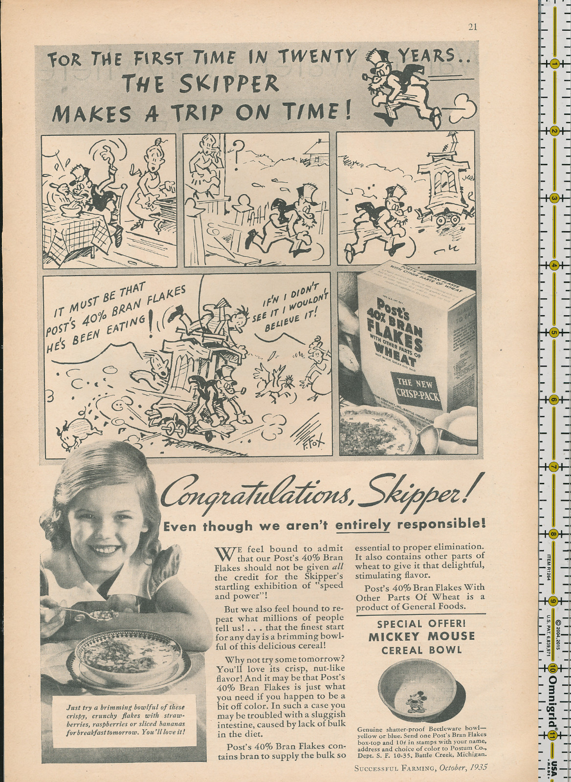 Post Bran Flakes cereal Skipper Mickey Mouse bowl Postum 1935 magazine print ad 
