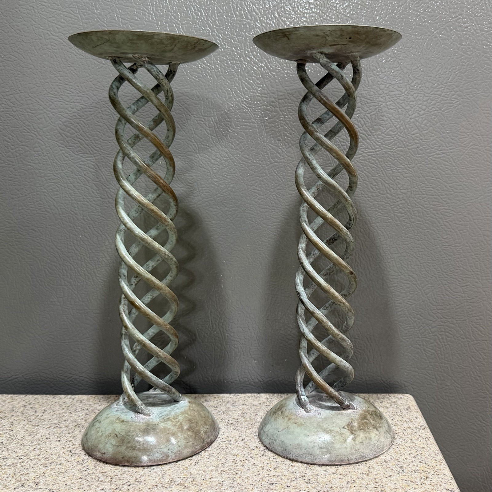 2 Vtg Hosley Metal Patina Spiral Pillar Candle Holders 10 2 Vtg Hosley Metal Patina Spiral Pillar Candle Holders 10