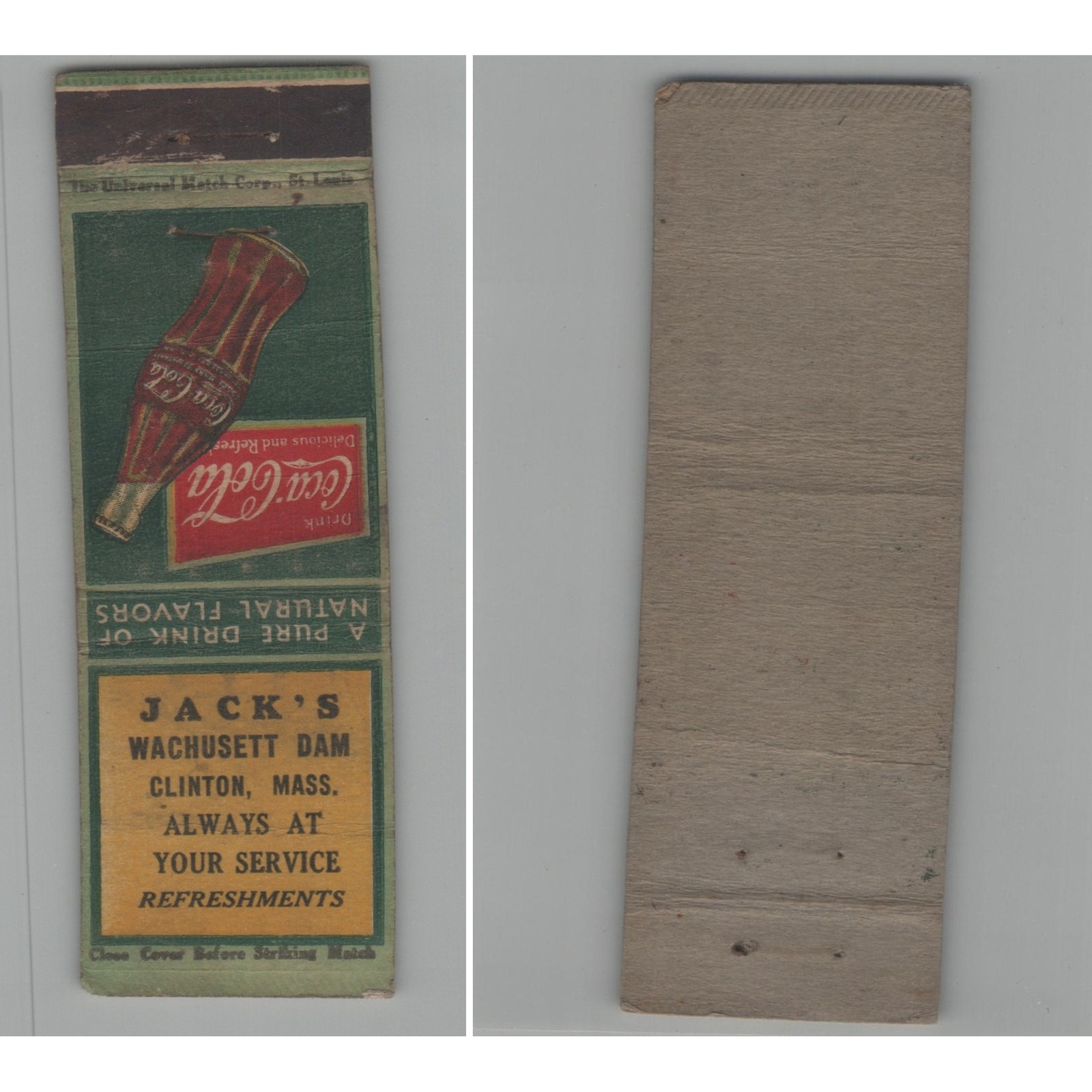 Matchbook Cover Coca Cola Jack\'s Wachusett Dam Clinton MA