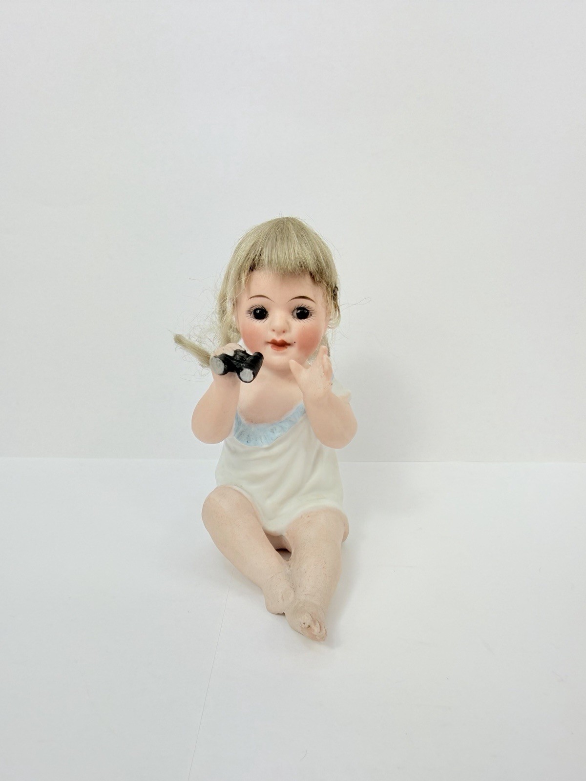 Antique German Bisque Piano Baby Girl w Binoculars Opera Glasses 3.75”