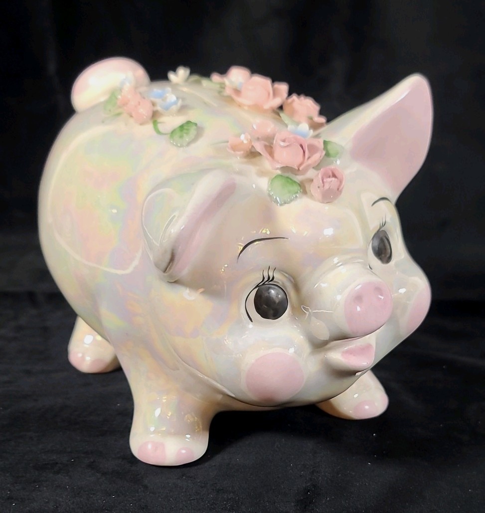 Lefton Ceramic Pig Piggy Bank w/ Applied Floral Roses, Coin Slot