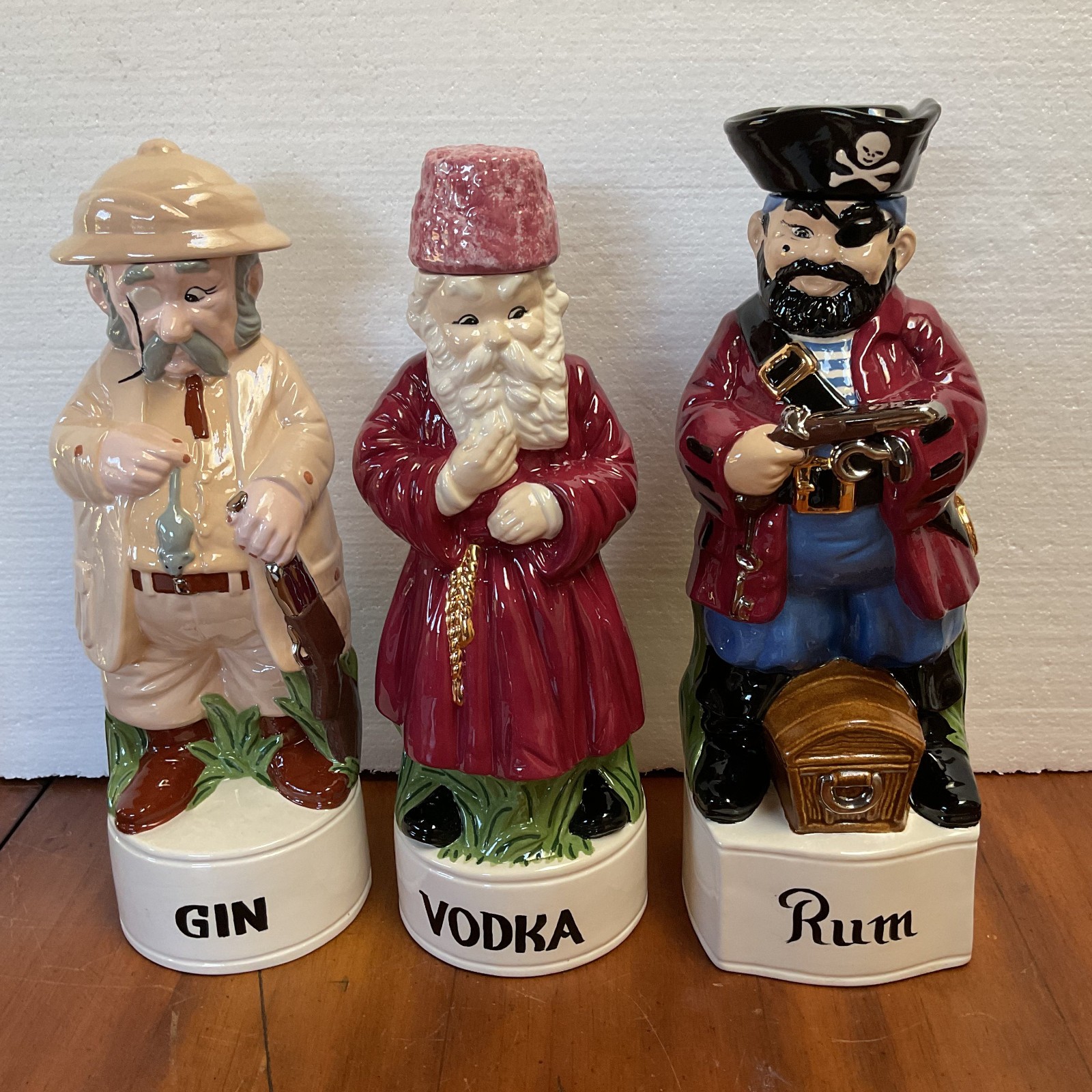 Vintage Alberta's Molds Ceramic Decanters Lot 3 Gin Vodka Rum Figures 1960s