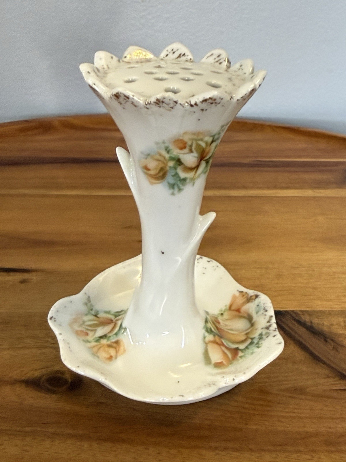 Ceramic Hatpin Holder Yellow Roses Gold Trim Tree Trunk Vanity Dish 4.25” VTG