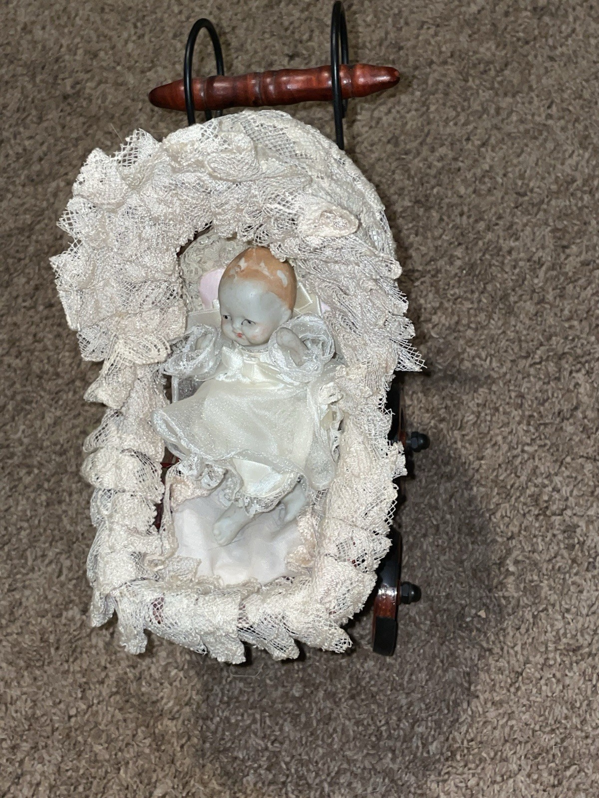 Vintage Japanese Bisque Baby Doll in Miniature Wicker Carriage Stroller Pram