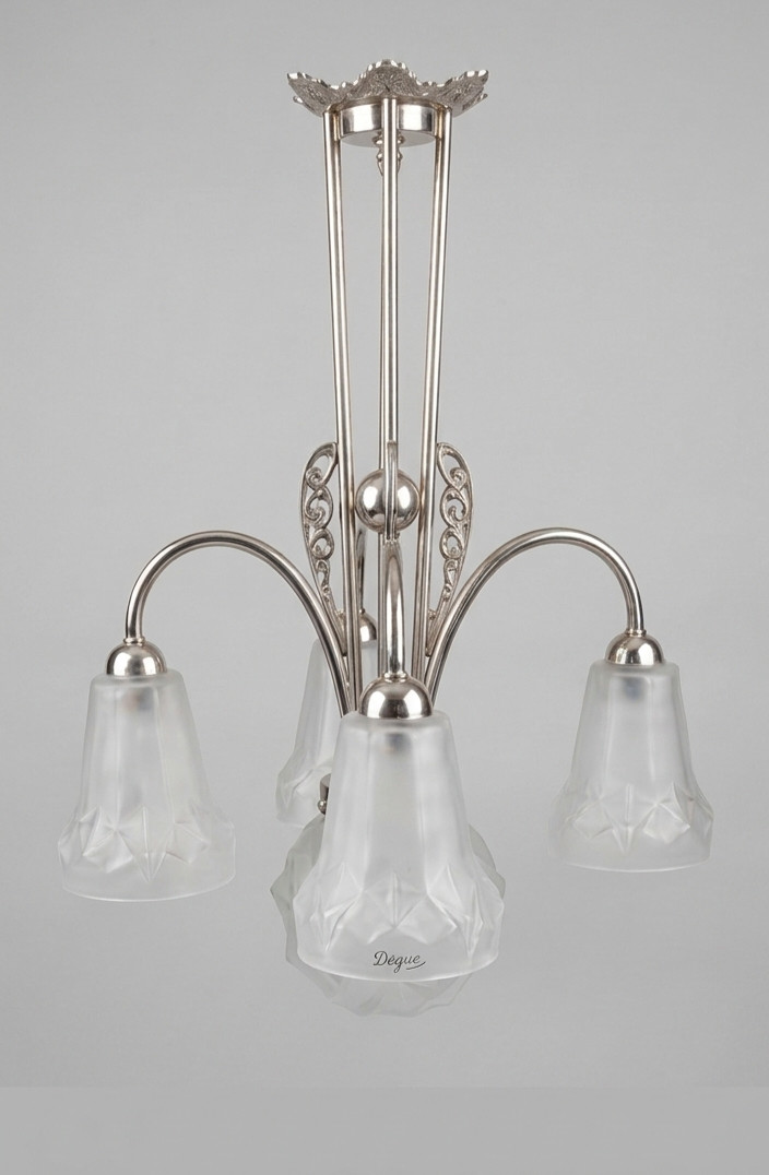 Authentic Signed Dégue Paris 1920s Art Deco Chandelier – Frosted Glass Shades