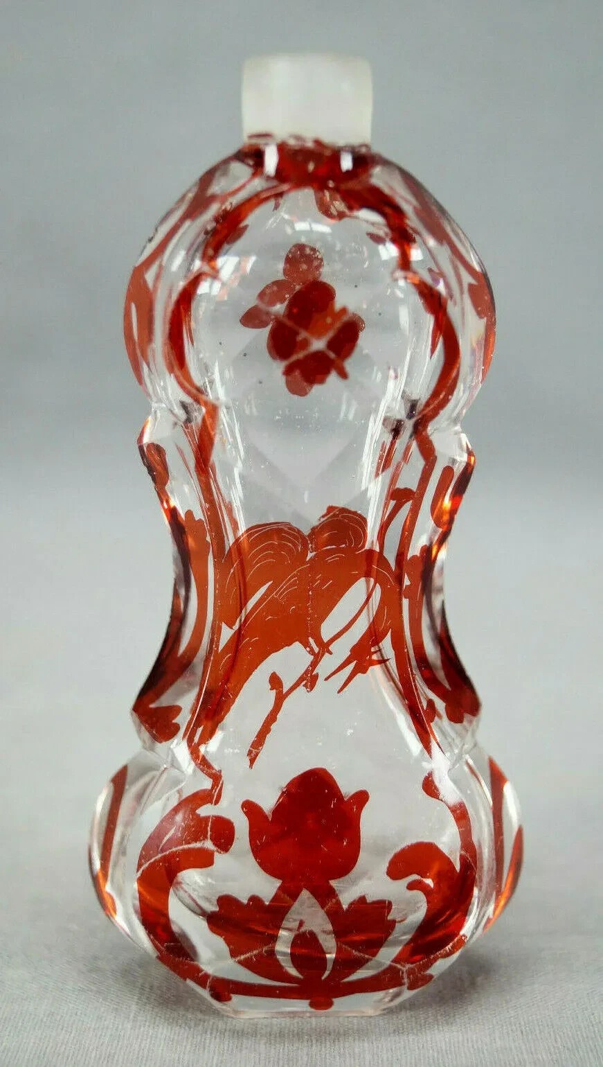 19th Century Bohemian Ruby Flashed Bird Flowers & Scrollwork Cut Glass Perfume