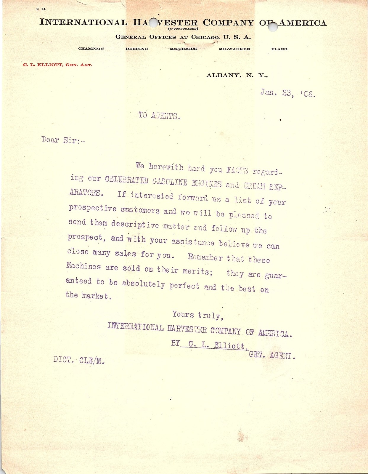 1906 International Harvester letter re: engines & separators