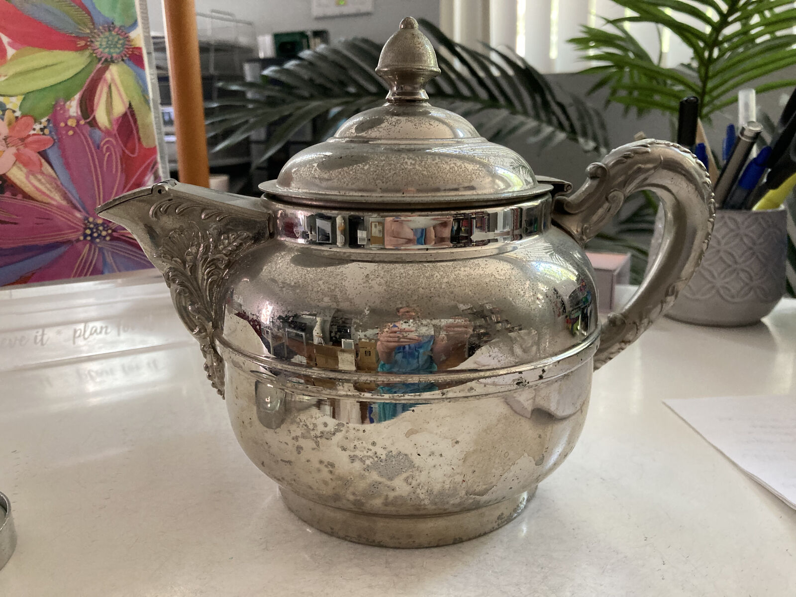 Vintage Rochester Antique Nickel Plated Flip Spout Teapot with Teabag 4PT