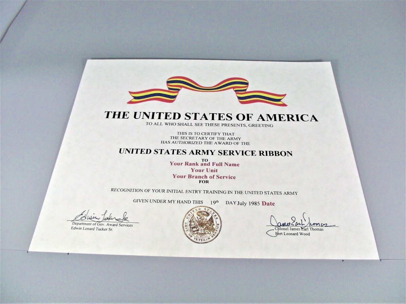 United States Army Service RIBBON Certificate Army Service Ribbon United States Army Service RIBBON Certificate Army Service Ribbon