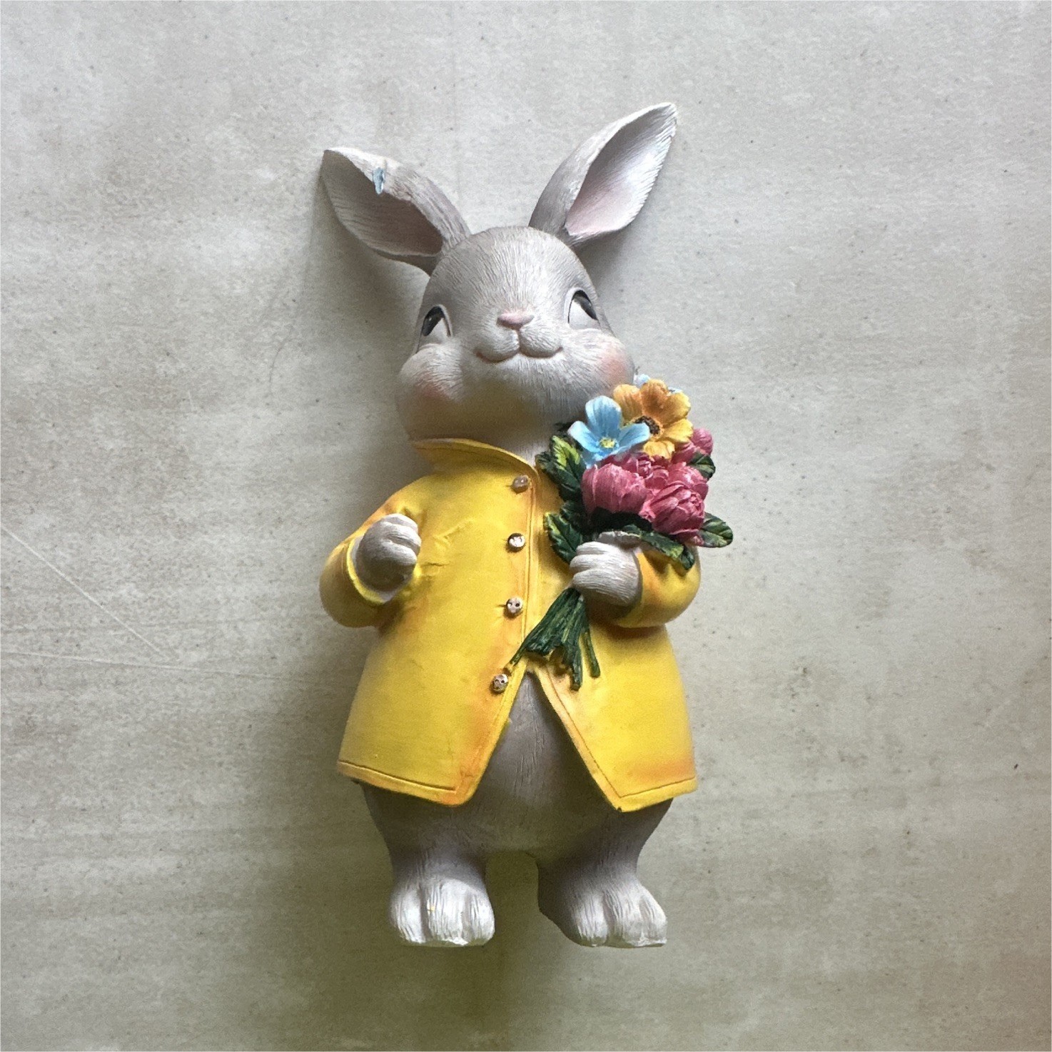 Gray Rabbit Figurine Yellow Coat Holding Flowers, Resin Matte Finish