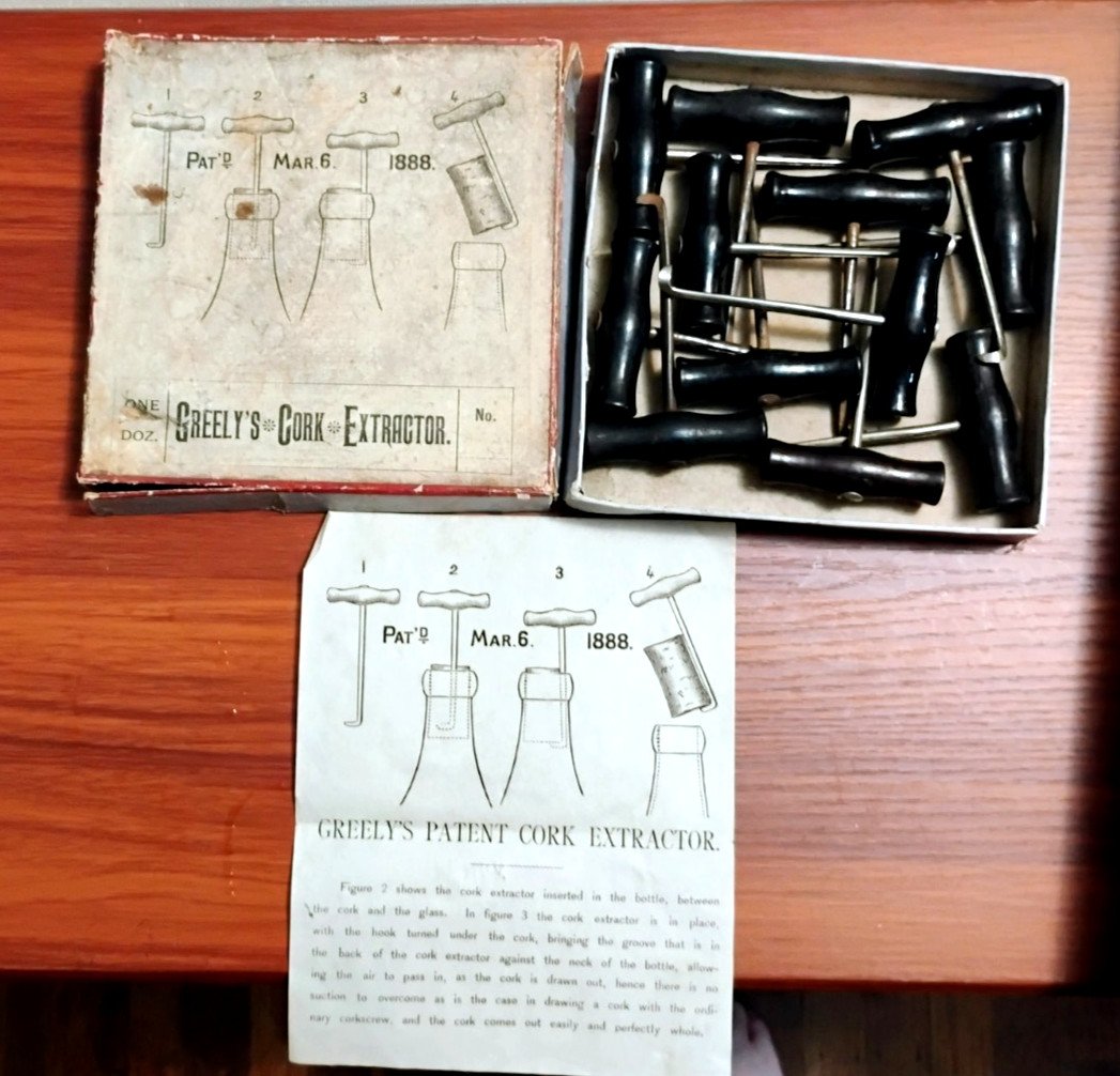 VICTORIAN 1888 American Patent GREELY'S CORK EXTRACTORS  One Doz. Box & Leaflet
