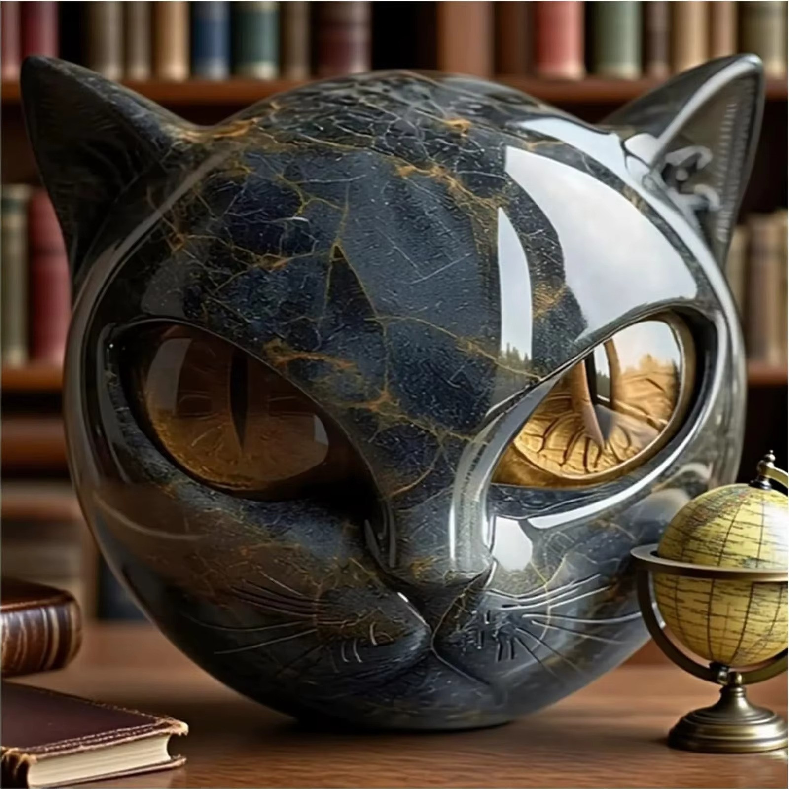 Black Cat Stone Figurine Resin Cat Head Marble Texture Desk Decor Gift