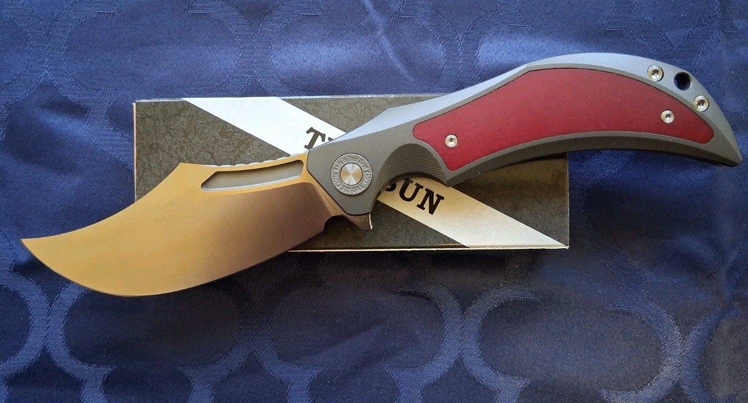*NEW* 🔥 TWO SUN -  Folding Knife w/D2 Blade & Ti/Red Micarta Handle   (TS208)