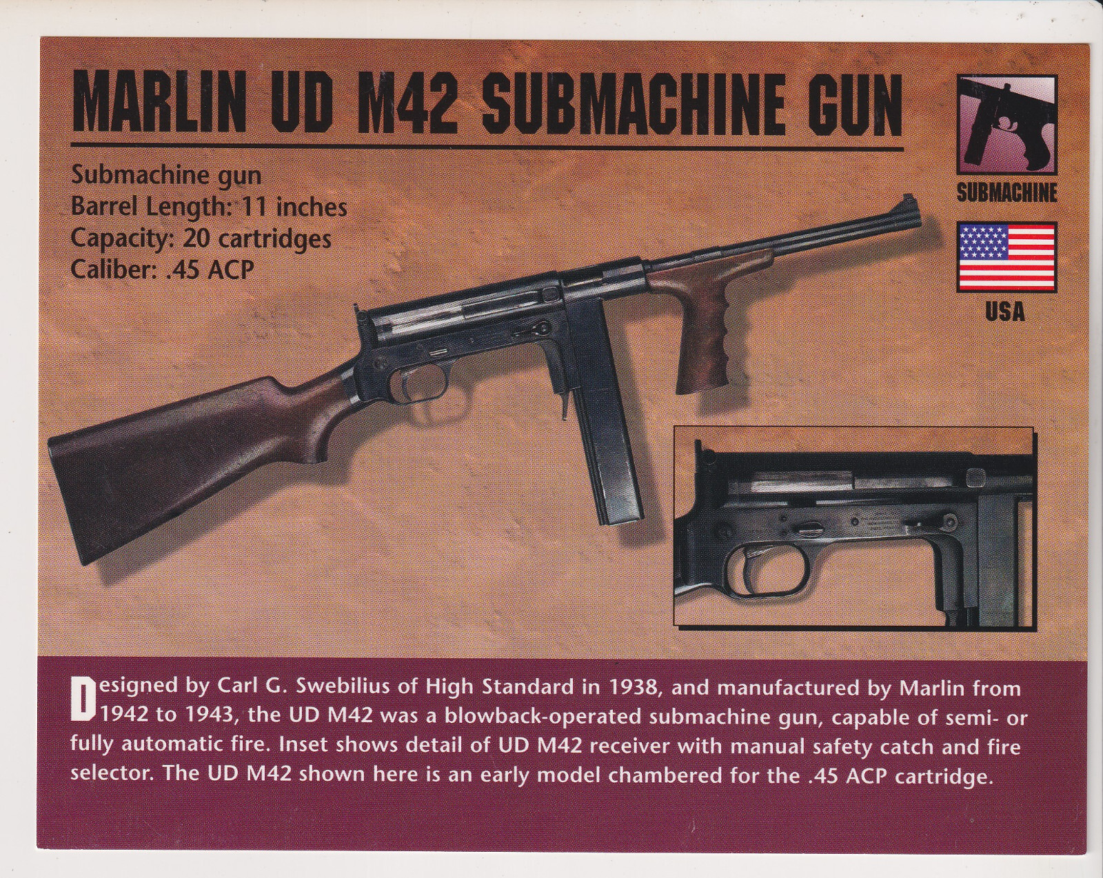 MARLIN UD M42 SUBMACHINE GUN .45 ACP SMG Atlas Classic Firearms PHOTO CARD