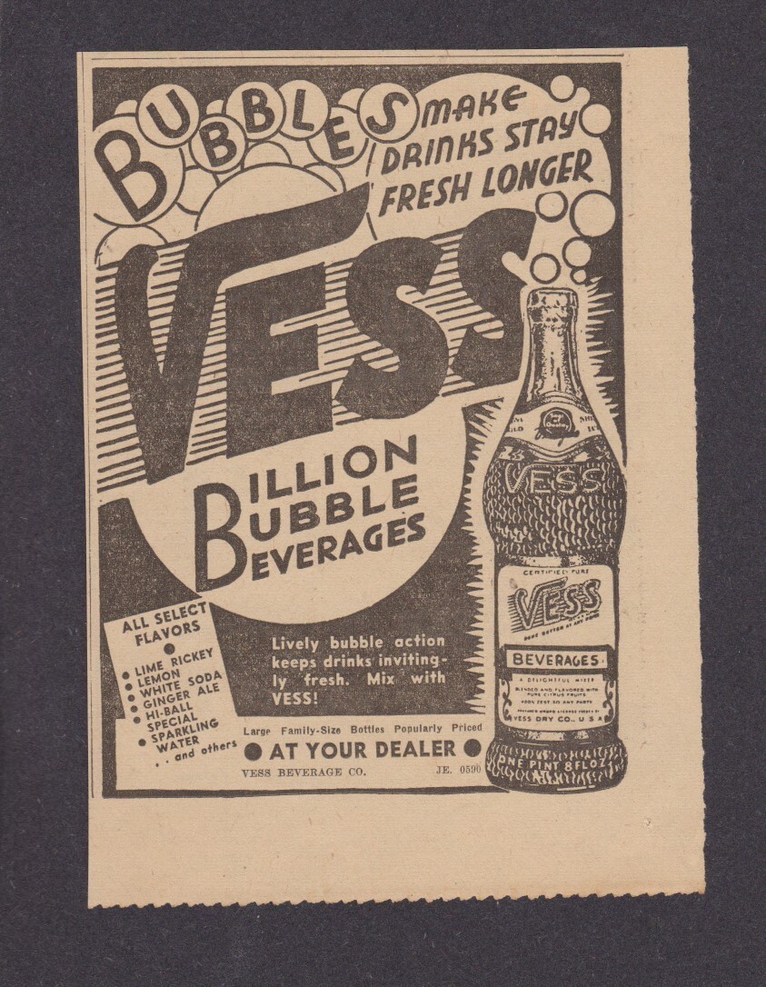 1937 Vess Cola Newsp Ad Print - Fancy Bottle Shown BILLION BUBBLE BEVERAGE