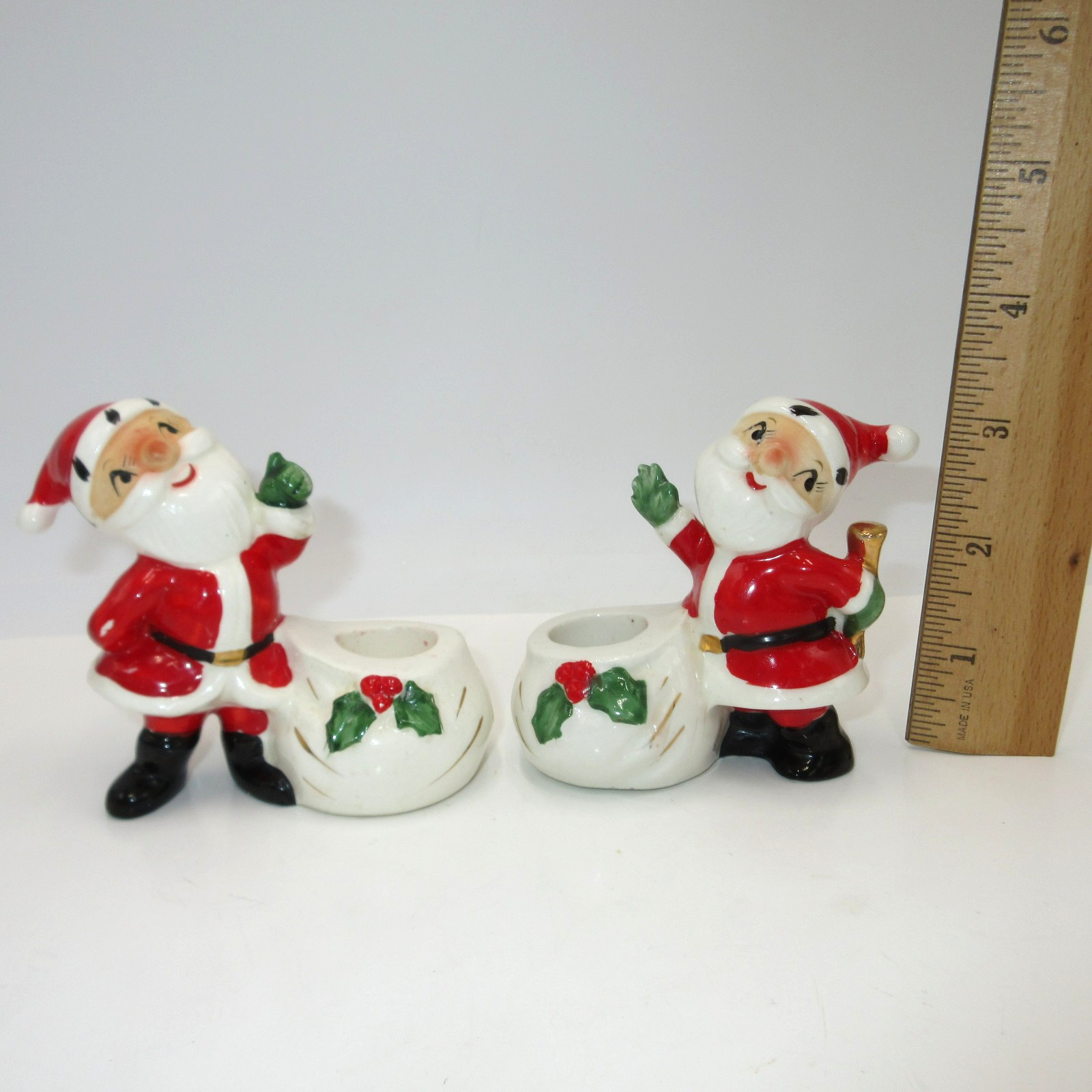 Vtg 1958 Holt Howard Pair Ceramic Santa Claus Christmas Candle Holder Taper
