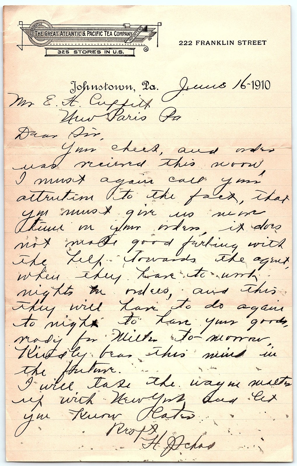 A&P Tea Co. 1910 Johnstown PA letterhead, handwritten letter
