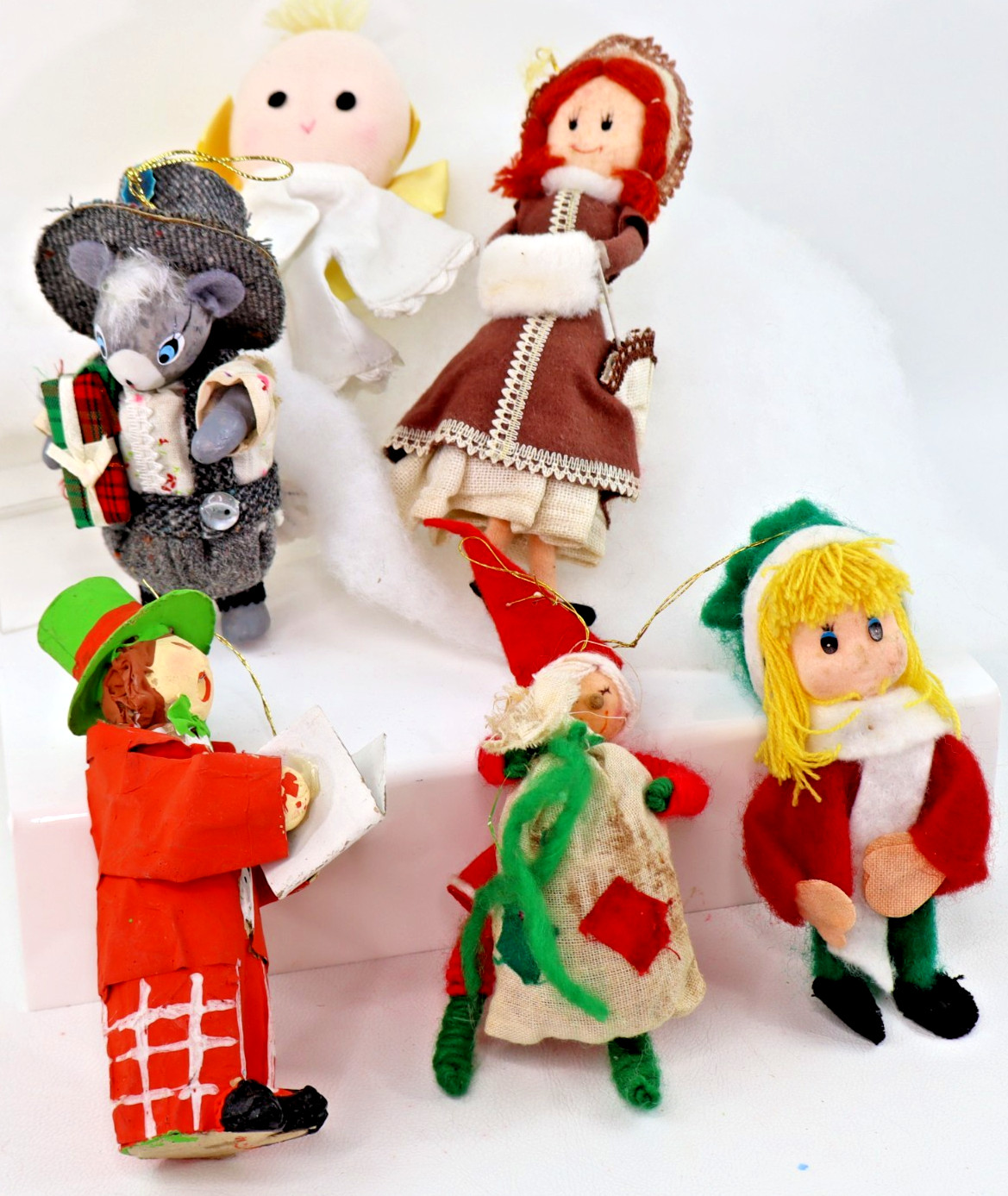 6 Vintage MCM Lot Ornaments felt yarn papier mache 1960s Christmas Mouse Girls