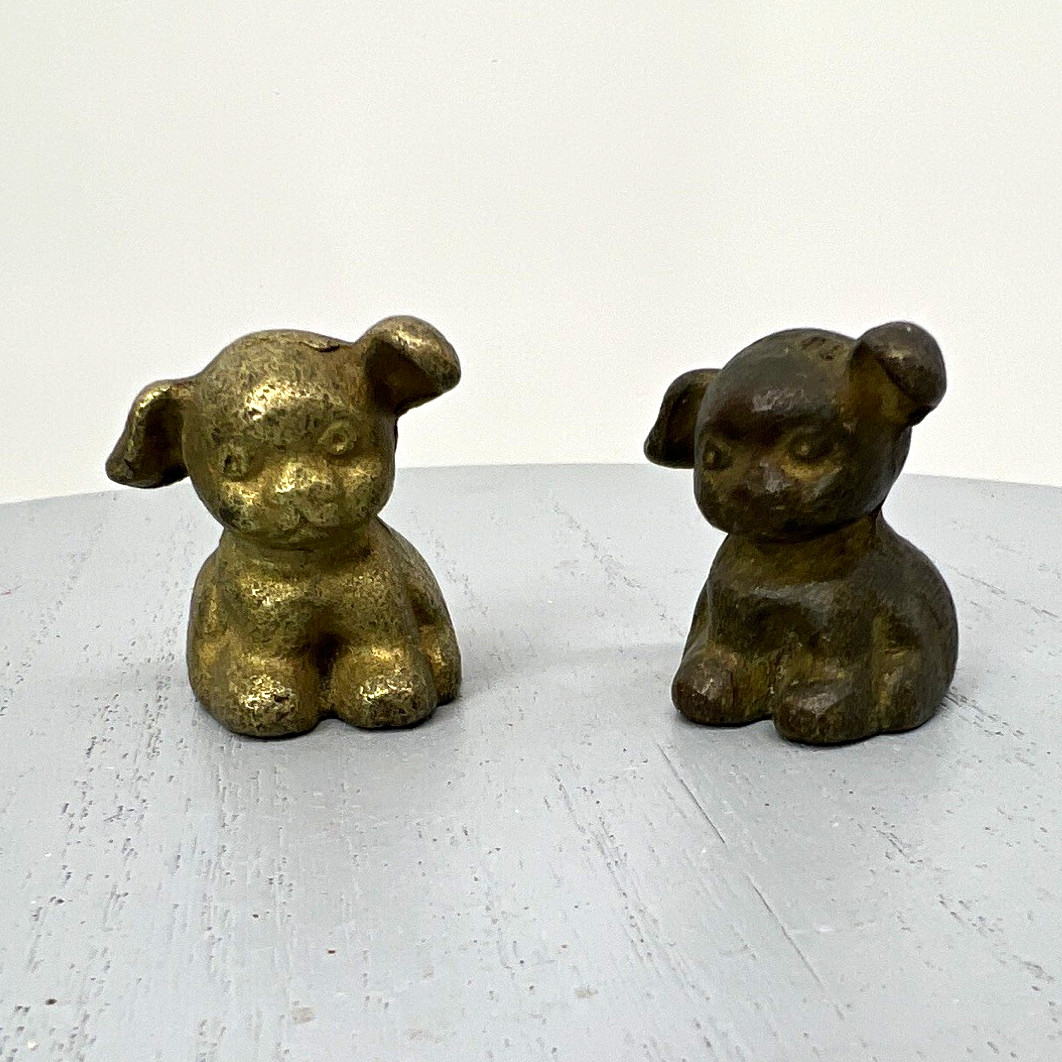 Pair Vintage Solid Brass Puppy Dog Miniature Figurines Heavy Paperweights 1.5 Pair Vintage Solid Brass Puppy Dog Miniature Figurines Heavy Paperweights 1.5