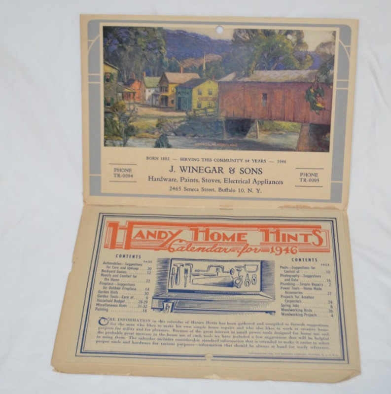 Vintage 1946 Wall Calendar Handy Home Hints Buffalo NY J Winegar Hardware