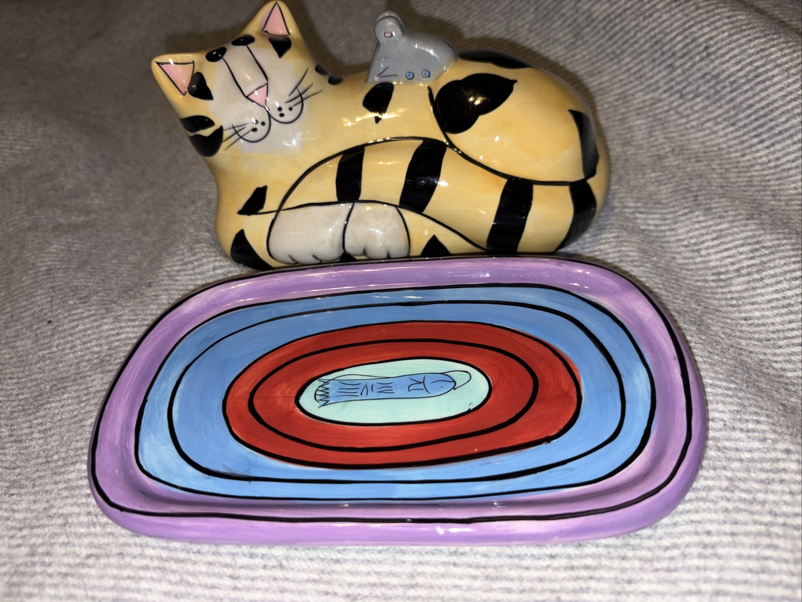 RARE NEW NOS 2002 Catzilla Cat & Mouse Ceramic Butter Dish by Candace Reiter