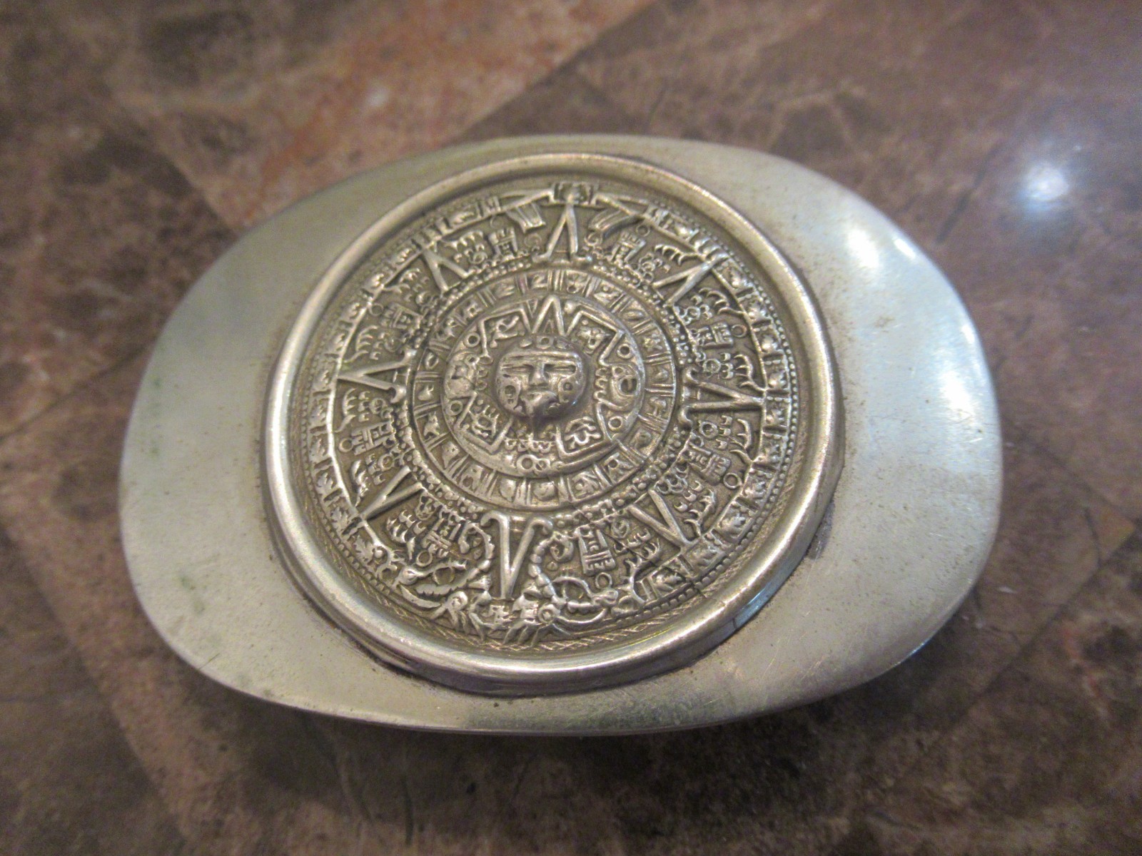 Vintage Nickel Silver Large Mexican Mayan Aztec Calendar Belt Buckle