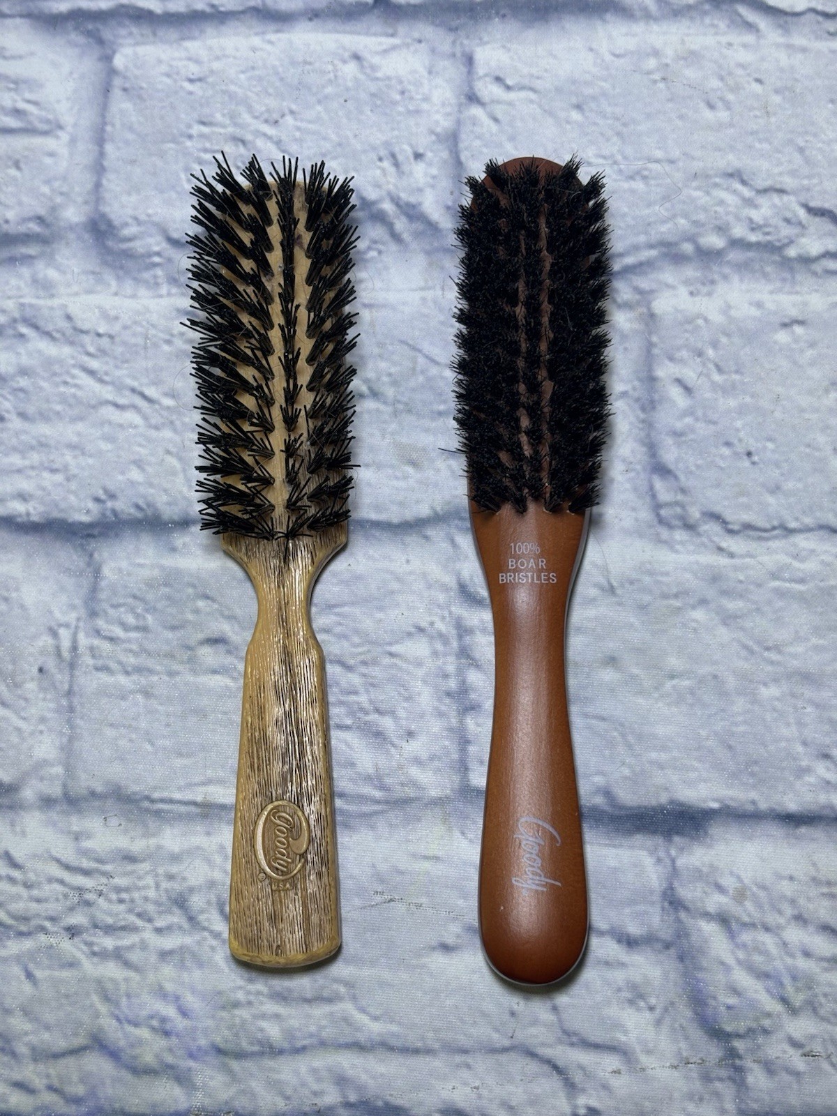 Two Vintage Goody Vented Hair Brush Plastic Faux Wood Grain Boar Bristles