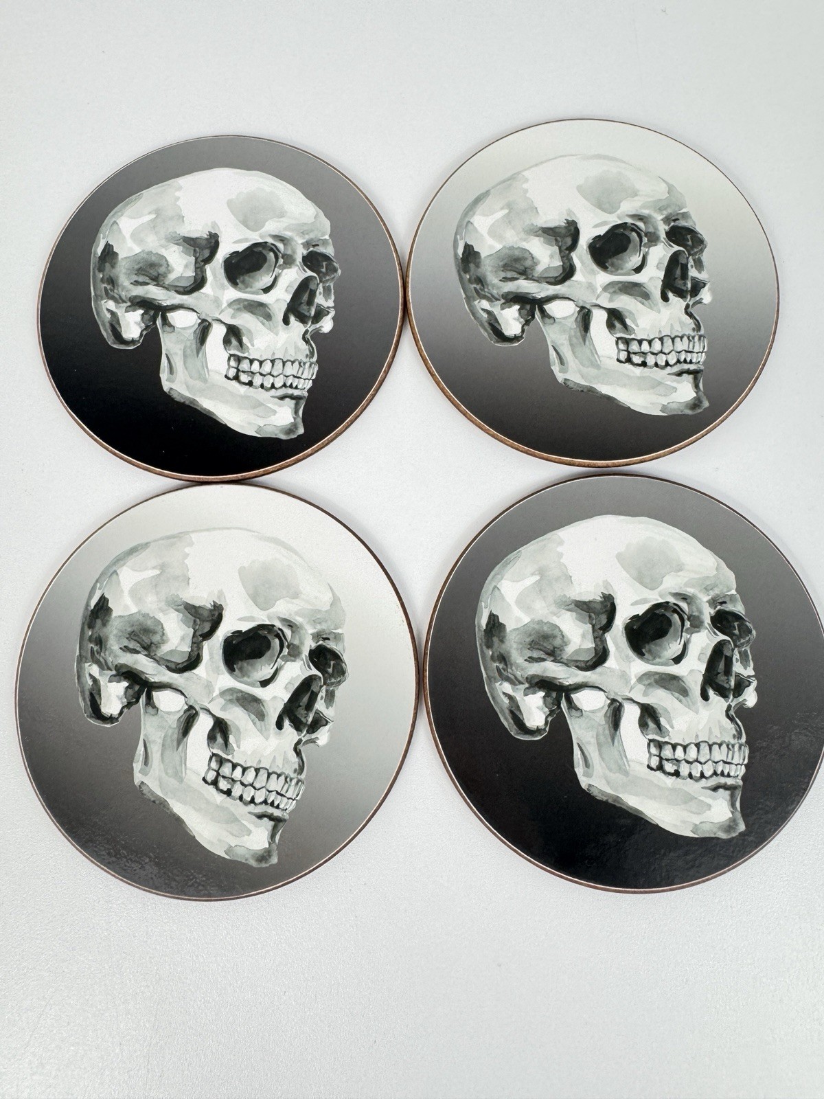 Williams Sonoma Halloween Skull Coasters Set of 4 Cork Skeleton Black Gray