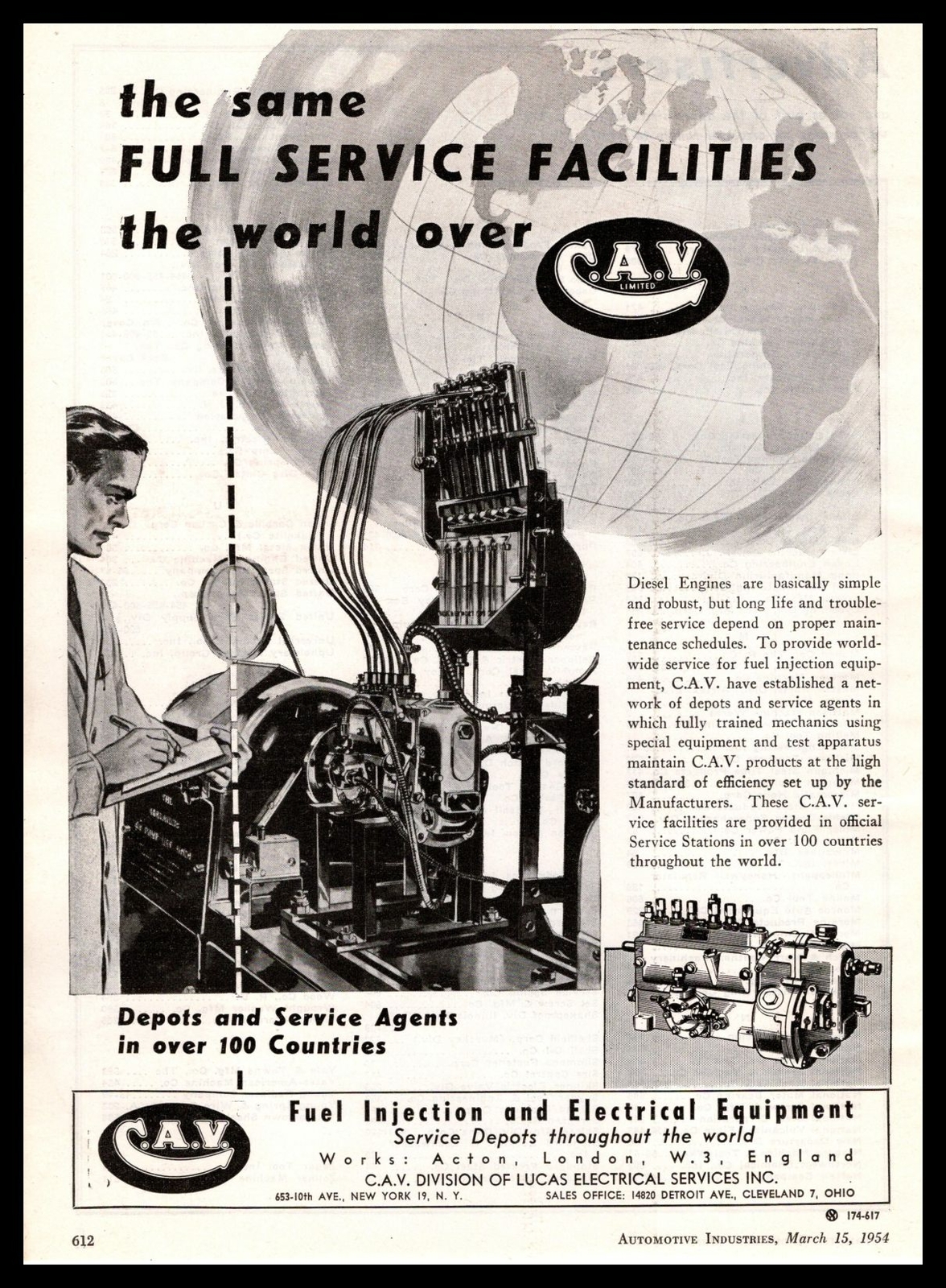 1955 C.A.V. Diesel Engine Lab Tests Service Depots Acton London England Print Ad