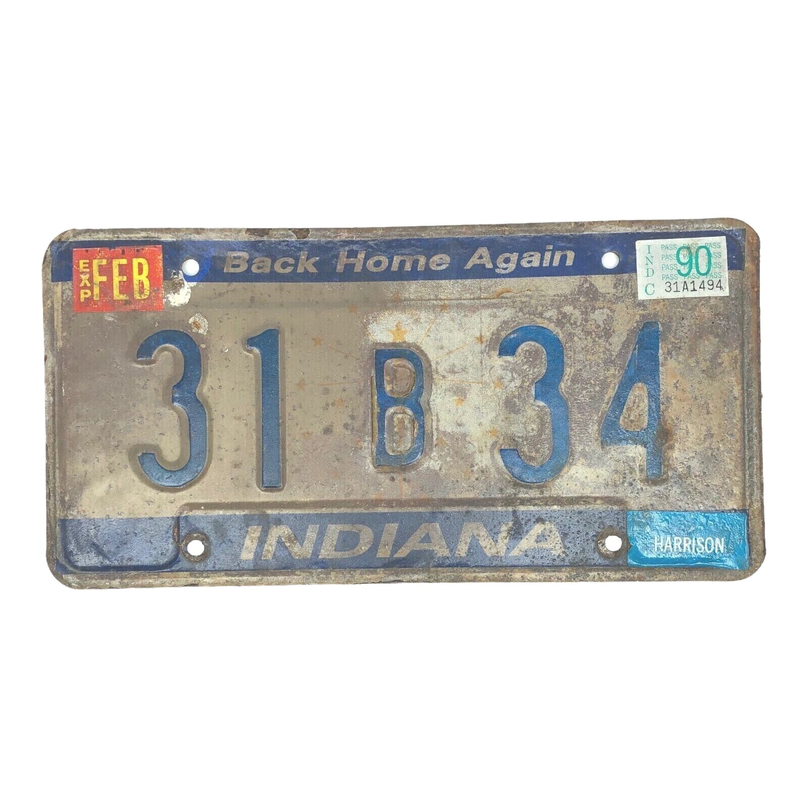 Vintage 1990 Indiana License Plate Tag Back Home Again 31 B 34 Vintage 1990 Indiana License Plate Tag Back Home Again 31 B 34