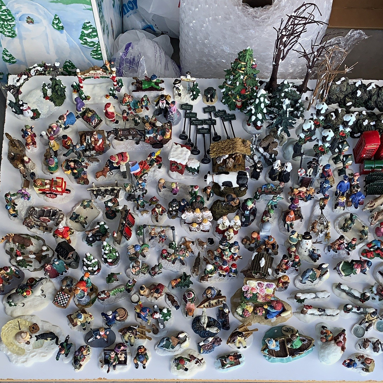 Christmas Village Miniatures Large Lot Figurines Trees Fences Vehicles