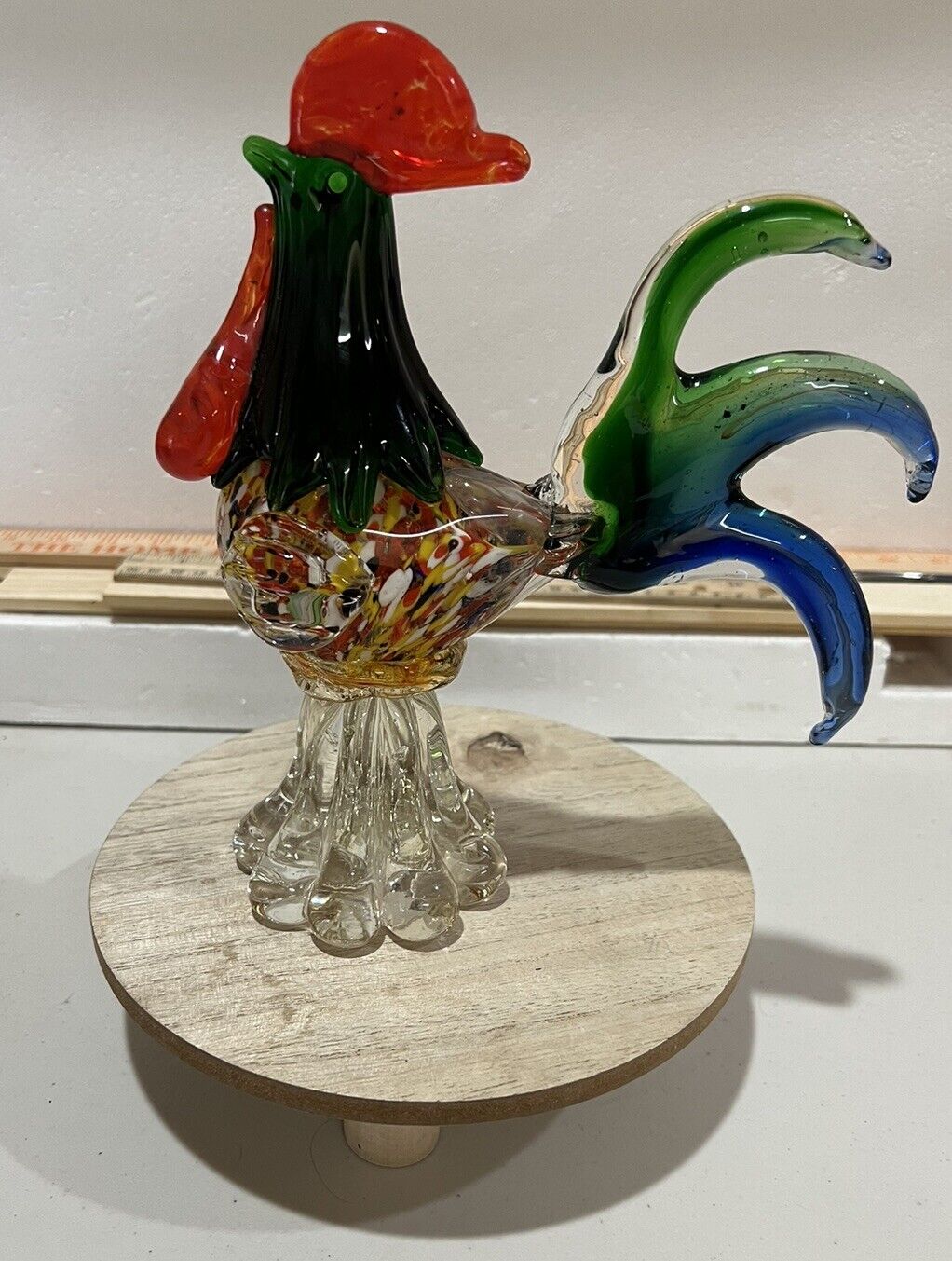 Heavy Art Glass Decor 8.75”T Confetti Rooster On Pedestal Bright and Colorful