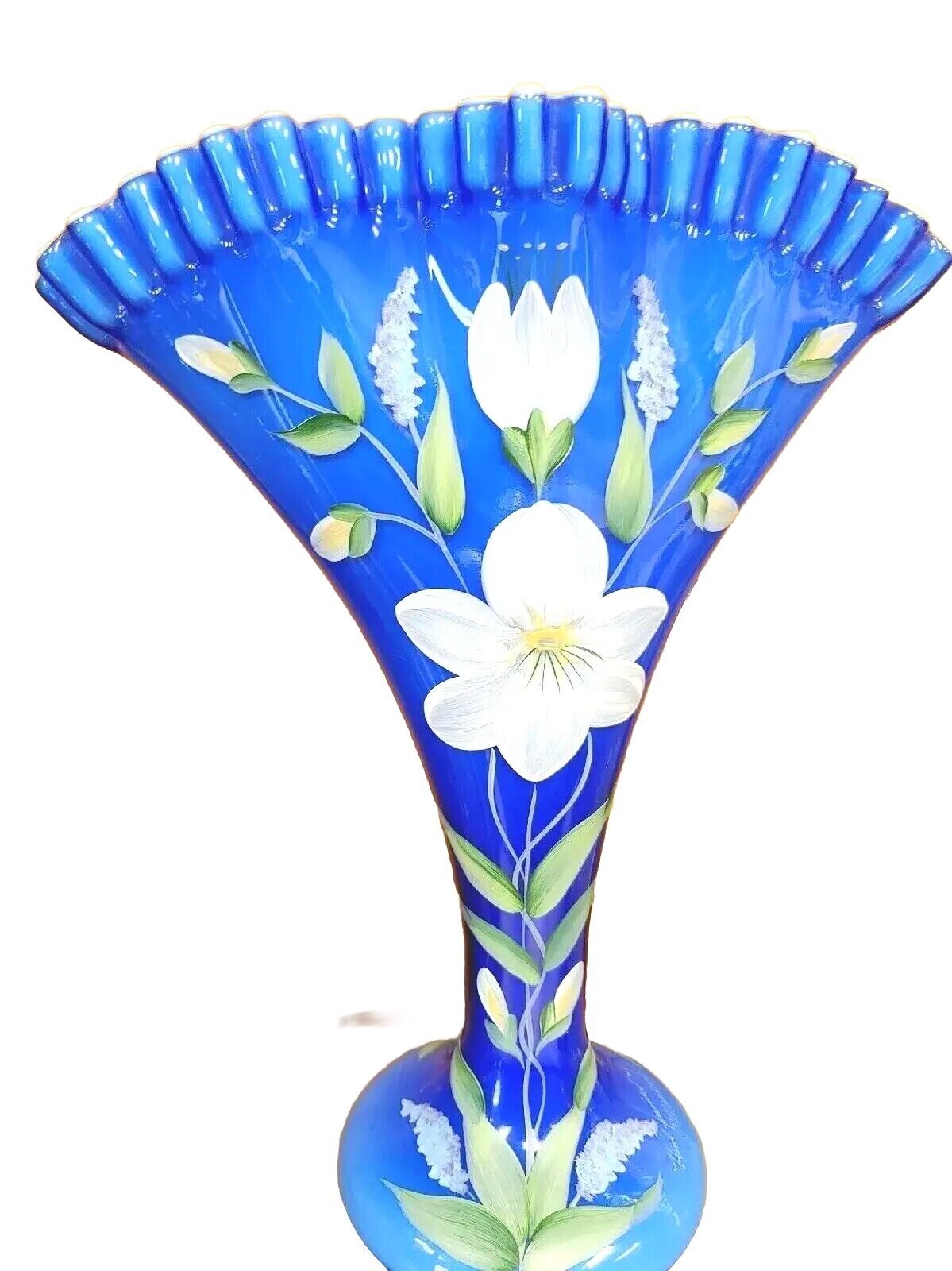 Fenton Vintage Fan Vase Large Cobalt Blue Glass Overlay Hand Painted Floral