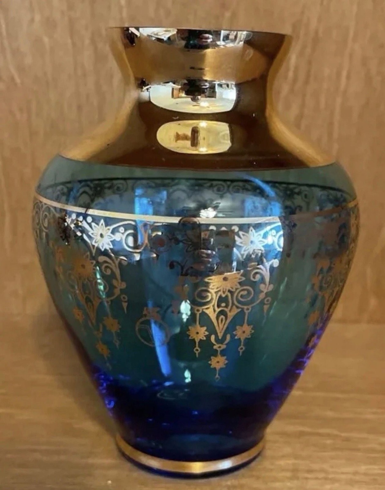 Vintage Ferro Lazzarini Murano Blue Art Glass Vase with 24K Gold Gilt Trim