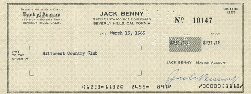 JACK BENNY - AUTOGRAPHED SIGNED CHECK 03/15/1965