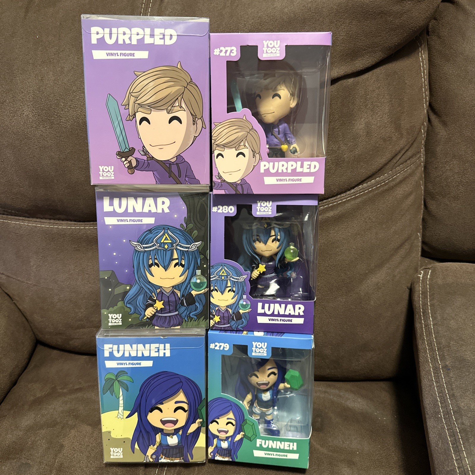 3 Youtooz Vinyl Figures, Purpled # 273, Lunar #280, Funneh #279. NIB W Sleeves 3 Youtooz Vinyl Figures, Purpled # 273, Lunar #280, Funneh #279. NIB W Sleeves