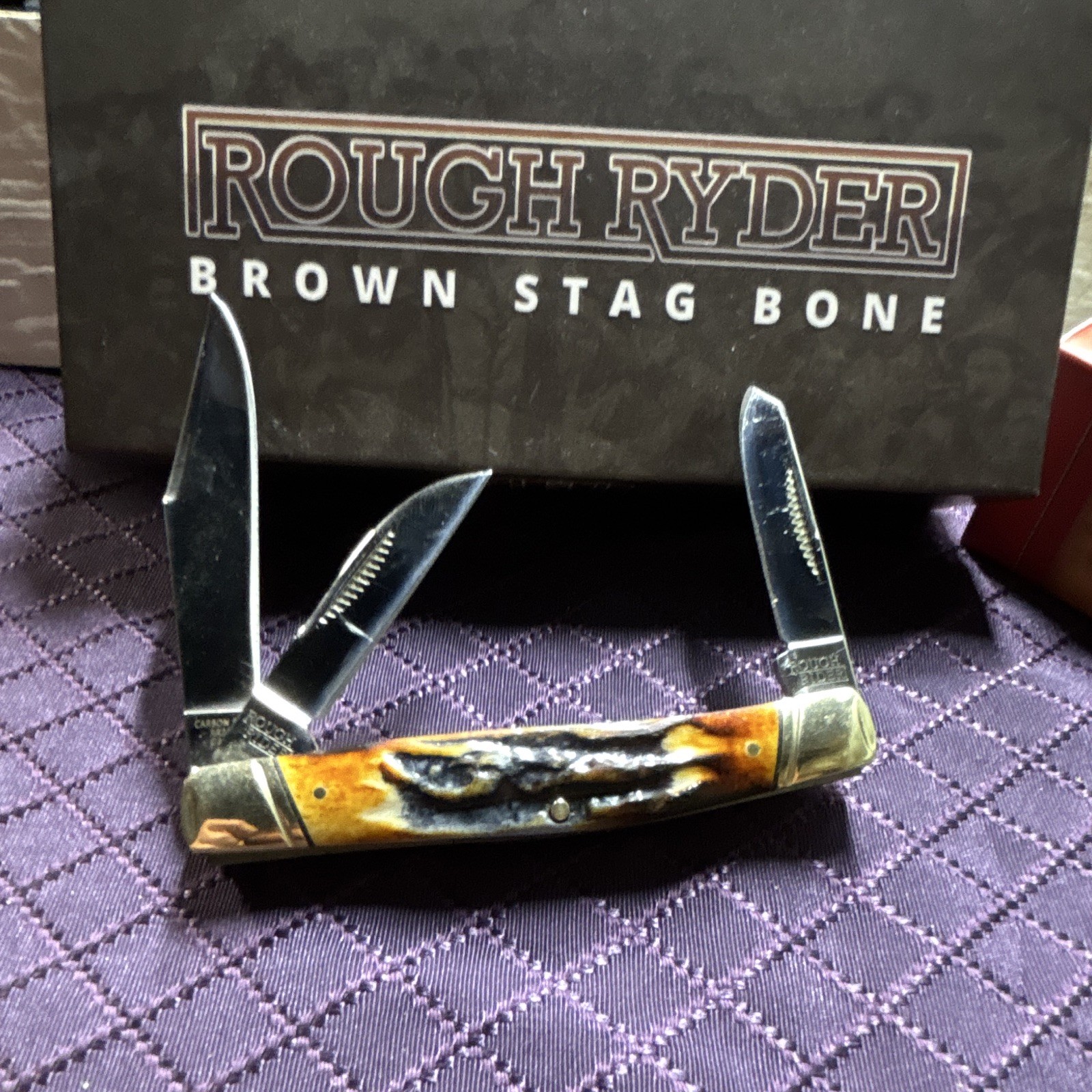 Rough Ryder Brown Stag Bone 3-Blade Slipjoint Pocketknife SS Plain w/ Nail File