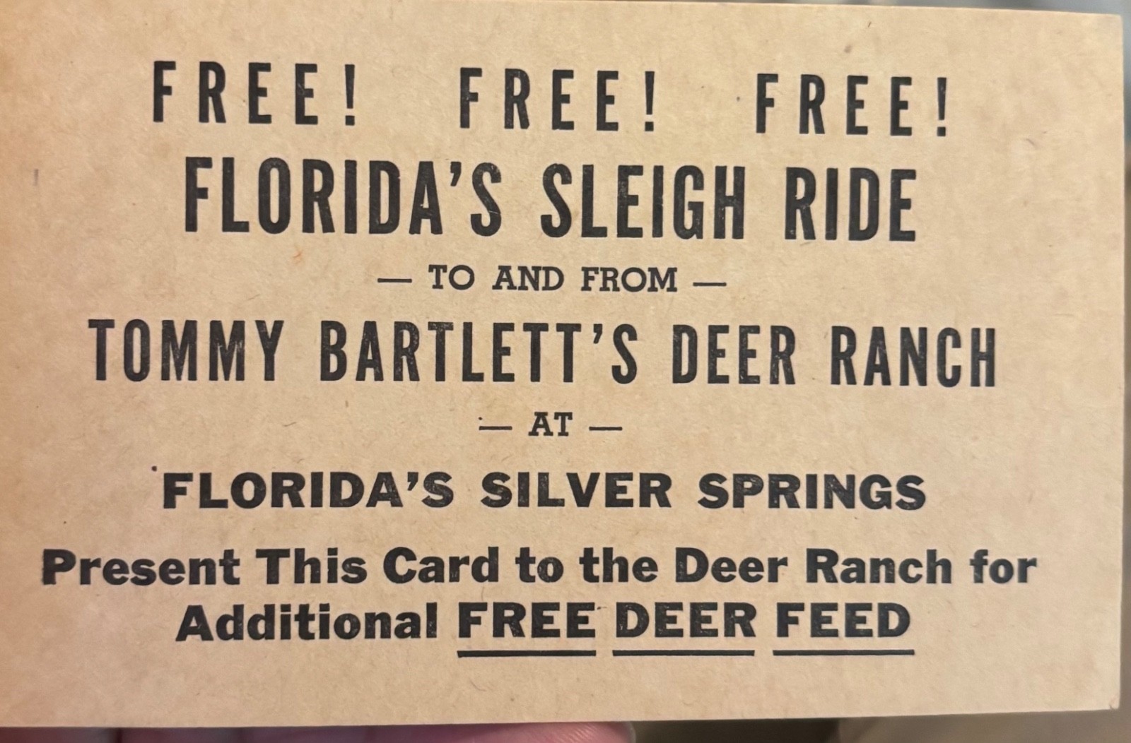 Vintage c1958 Silver Springs Florida Deer Ranch Free Sleigh Ride Ticket Vintage c1958 Silver Springs Florida Deer Ranch Free Sleigh Ride Ticket