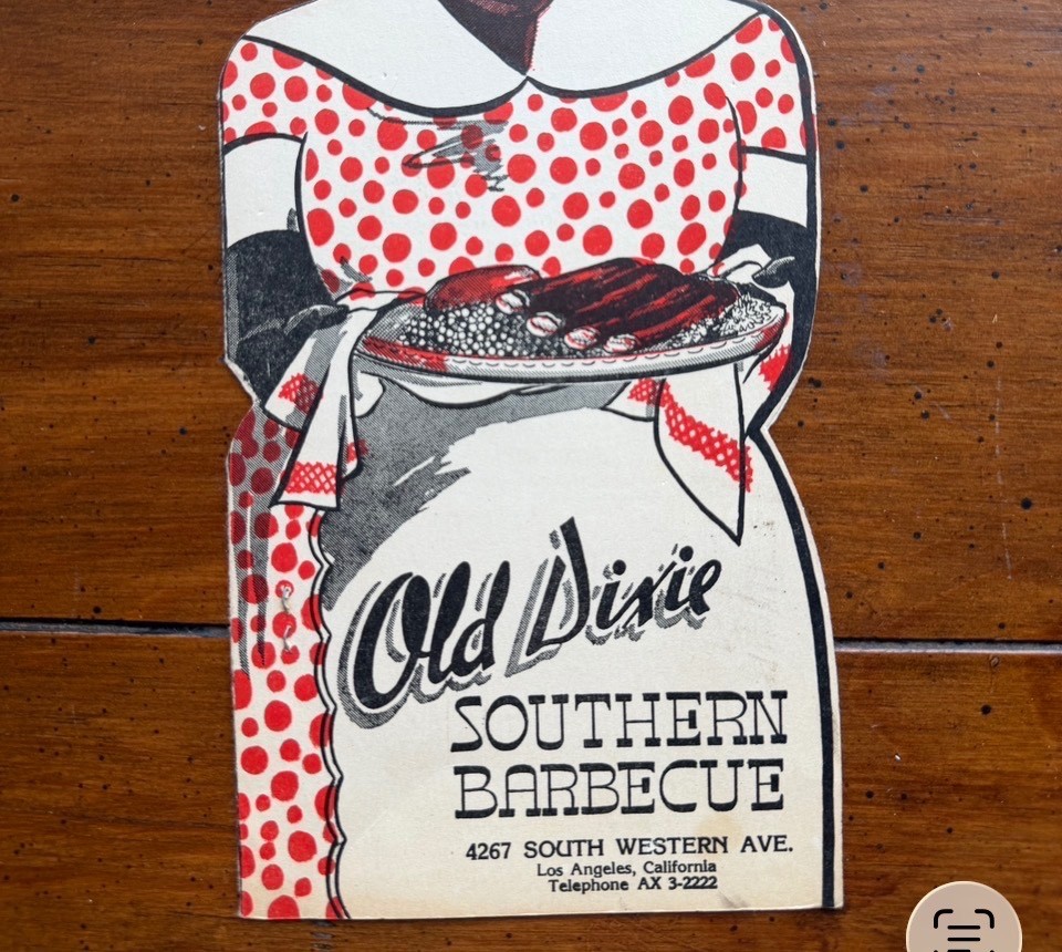 Vintage 1950s Old Dixie Southern Barbecue Die Cut Menu Postcard Los Angeles CA