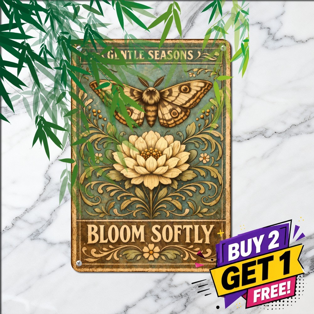 Art Nouveau Moth Botanical Floral Poster Vintage Aesthetic Metal Tin Sign