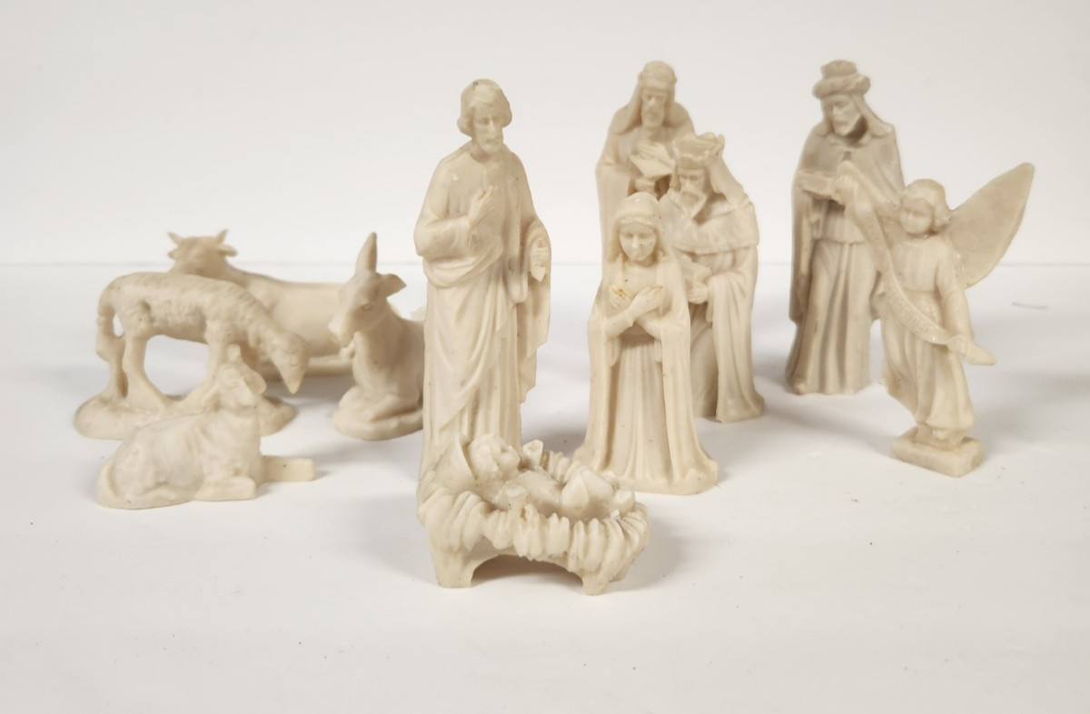 Vntg White Carved Mexican Nativity Christmas Set Of 11 Made In Mexico * Read*