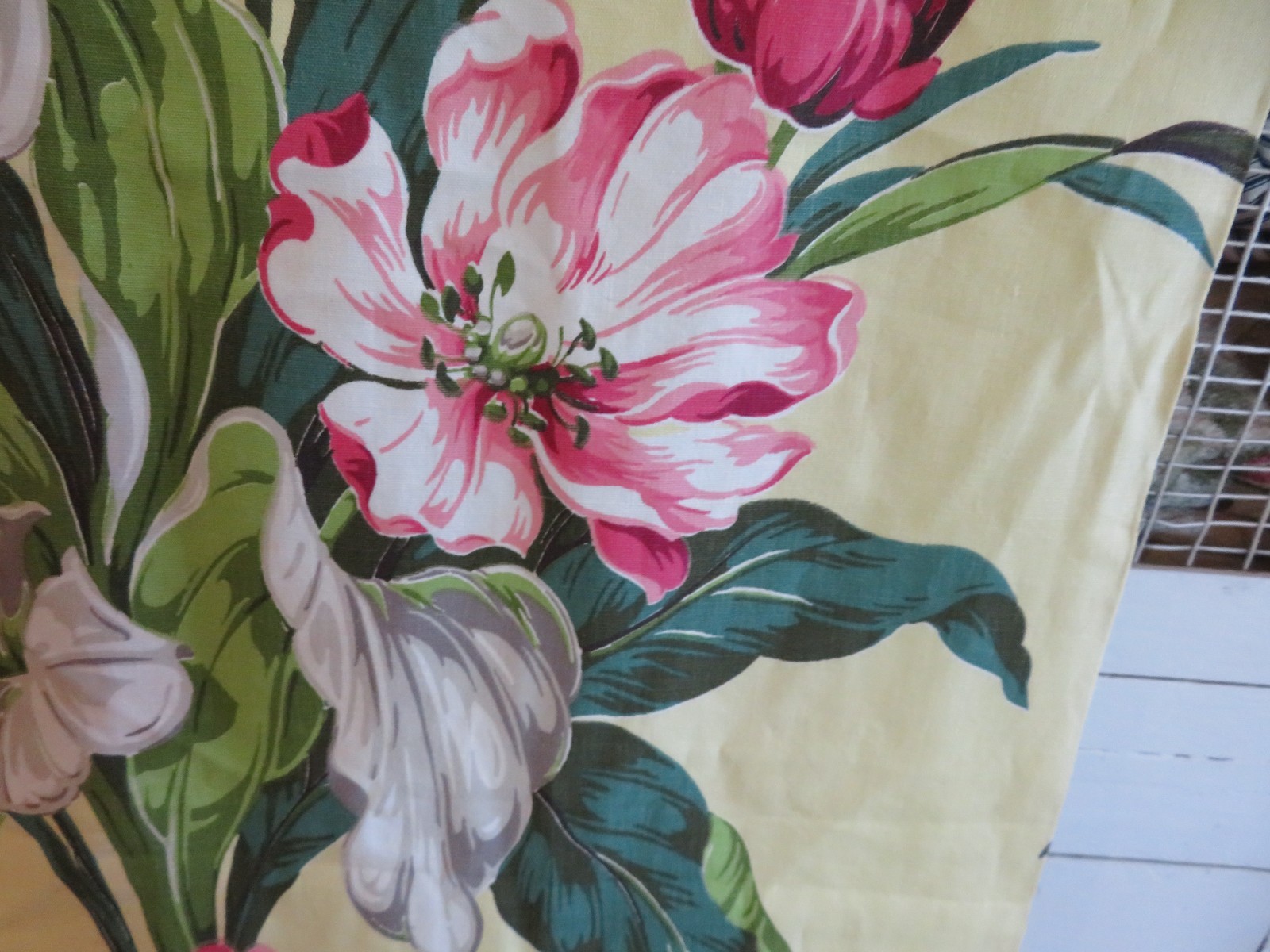 Vintage Vat Print 40's PINKS & Rose on Buttercream YELLOW Cotton Barkcloth Yards