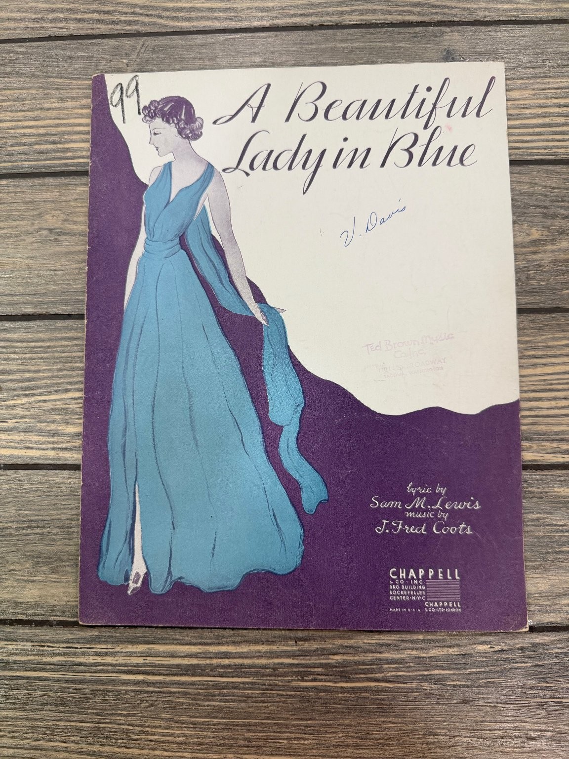 A Beautiful Lady in Blue 1935 Vintage Sheet Music Art Deco Sam M. Lewis