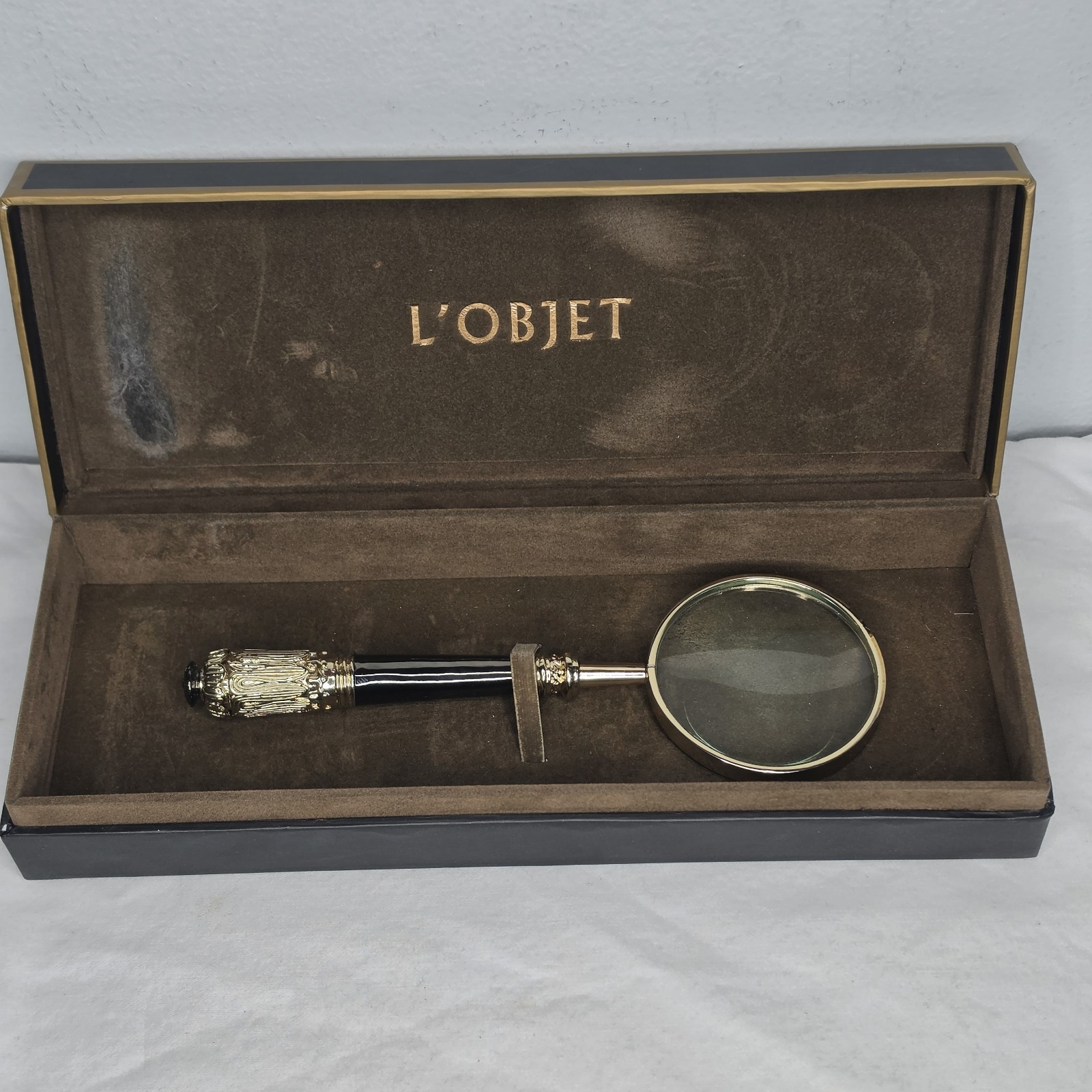 L\'objet Vintage Magnifying Glass Solid Brass And Gold Enamel Handle With Box...