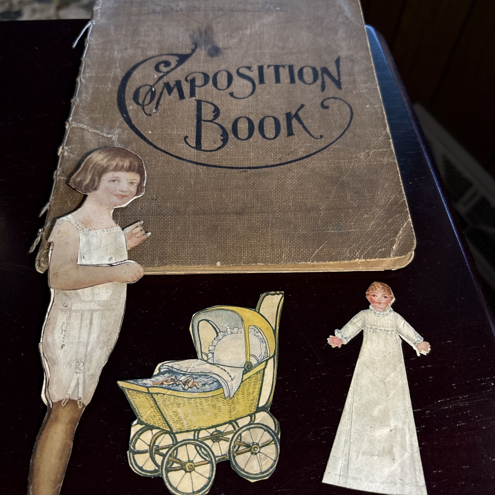 Antique 1909  Composition School Notebook Folk Art Drawings & Paper Dolls Lot