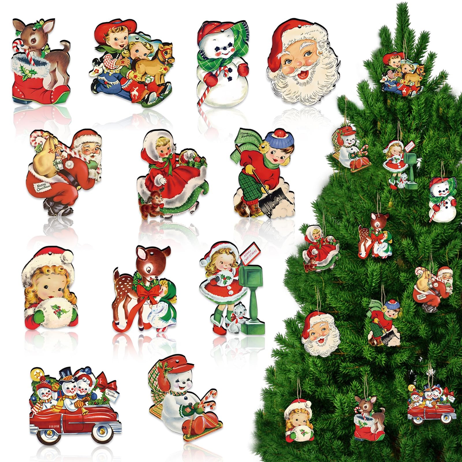 36 Pcs Vintage Wooden Christmas Tree Ornaments Set